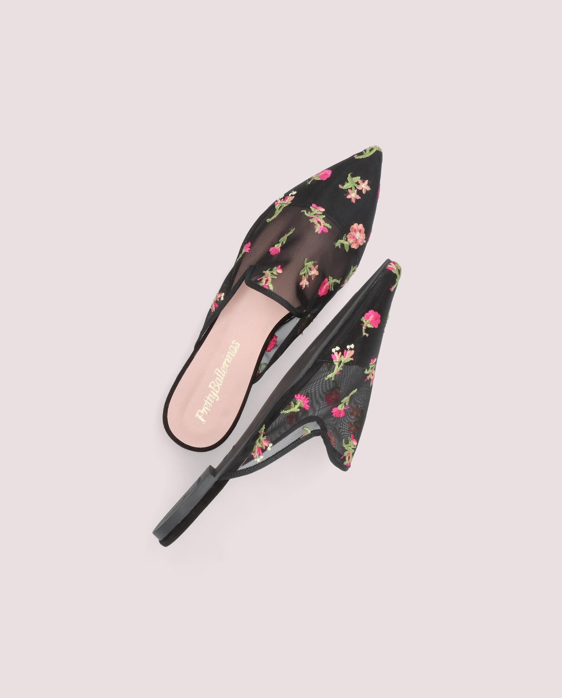 Ella mule in black mesh with flowers